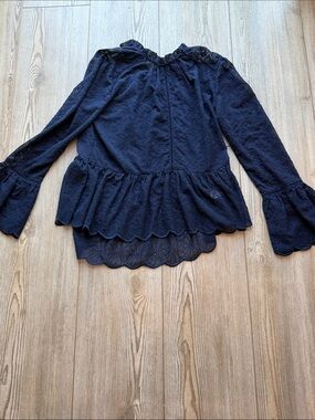 Women's Navy Lace Peplum Blouse with Scalloped Details